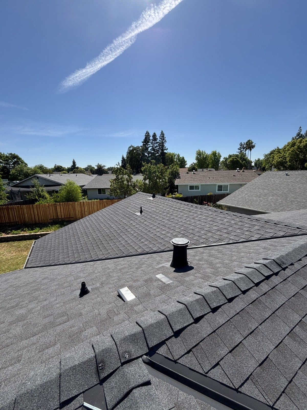High view of roofing with grey shingles