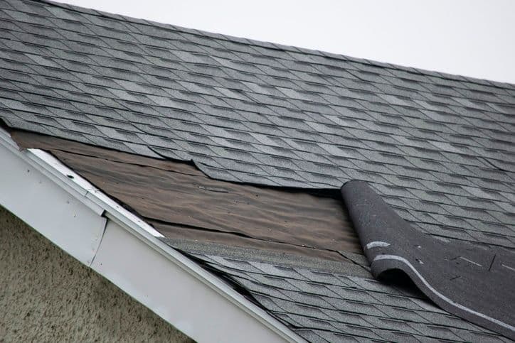 Roof with shingle being peeled back