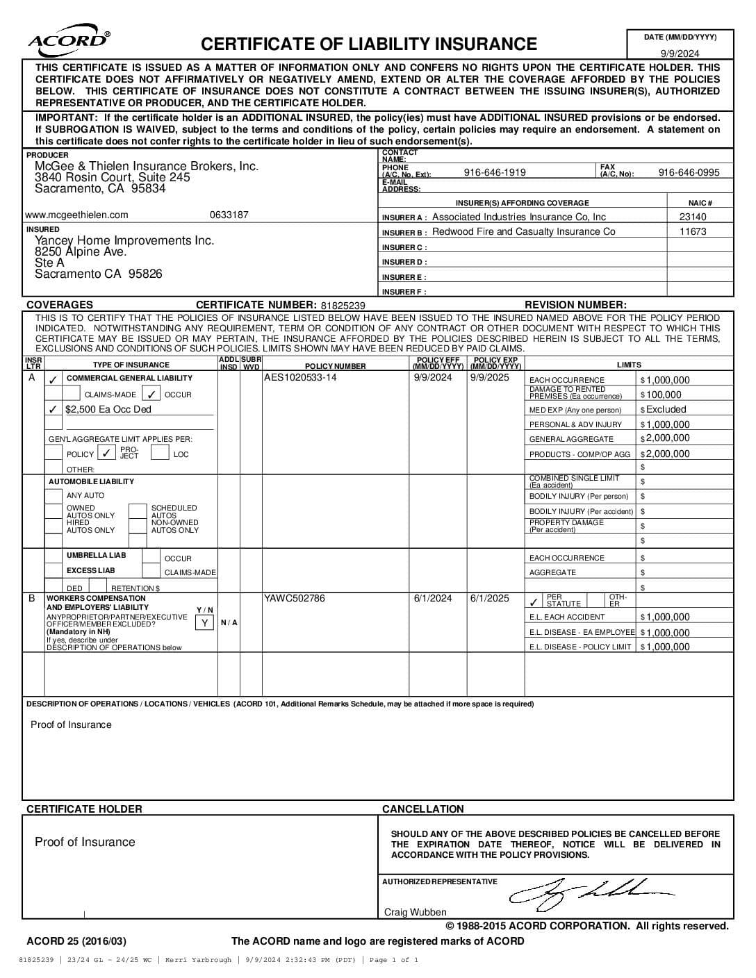 Insurance Certificate