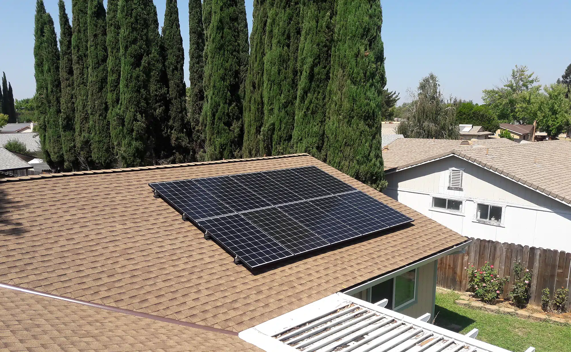 Solar panels on residential roof in Sacramento, CA.