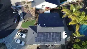 Birds eye view of solar panels on residential roof in Sacramento, CA.