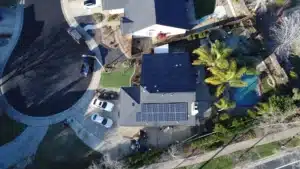 Birds eye view of solar panels on residential roof in Sacramento, CA.