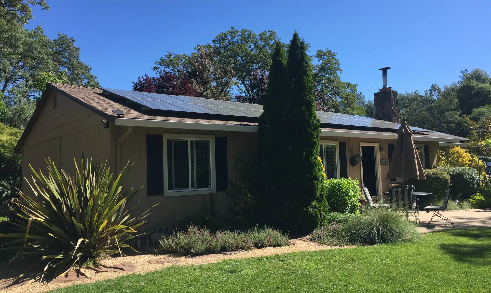 Residential home in Sacramento, CA, front yard and solar panels on roof.
